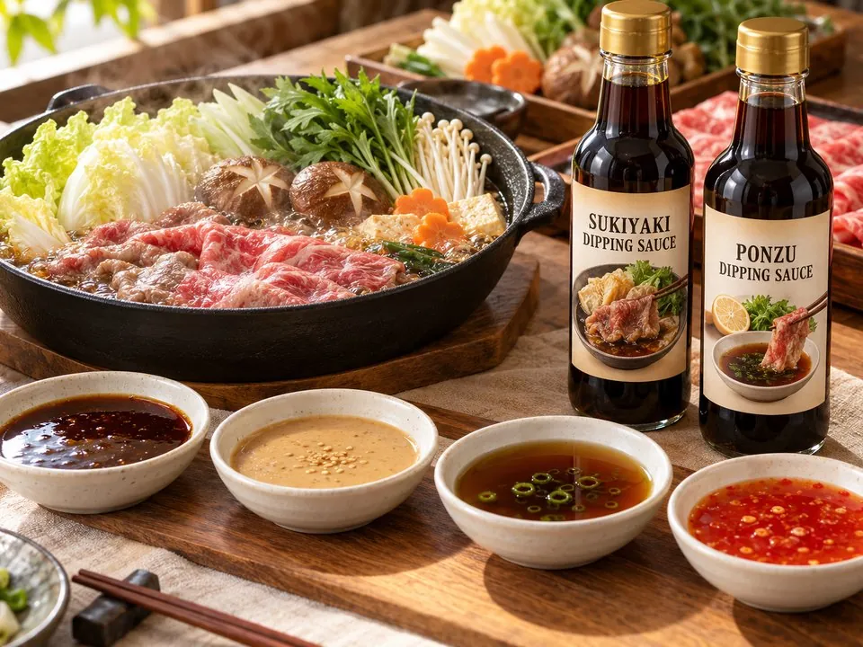 A sukiyaki hot pot with bowls of sukiyaki, sesame, ponzu and sweet chili dipping sauces, beside sukiyaki and ponzu sauce bottles