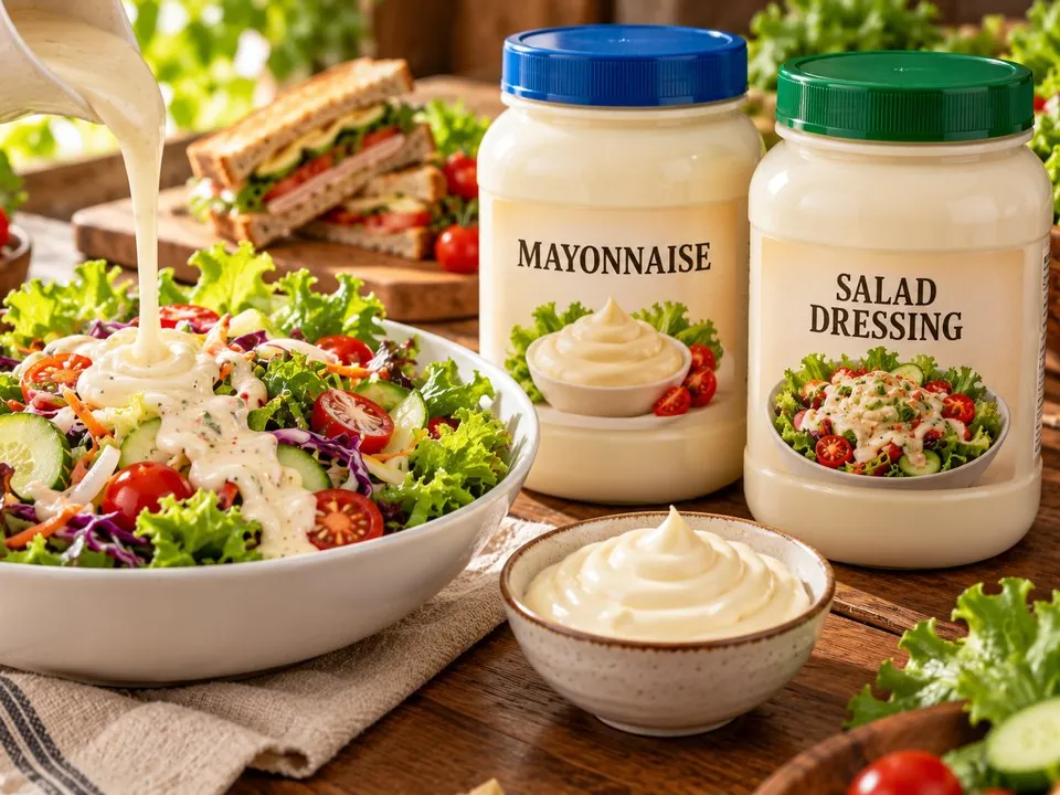 Dressing poured over a green salad, beside jars of mayonnaise and salad dressing