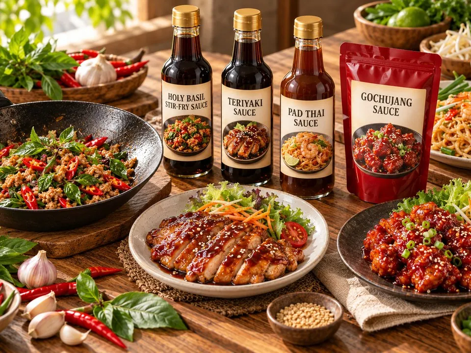 Holy basil, teriyaki and pad thai sauce bottles and a gochujang sauce pouch, beside holy basil stir-fry, teriyaki chicken and gochujang chicken