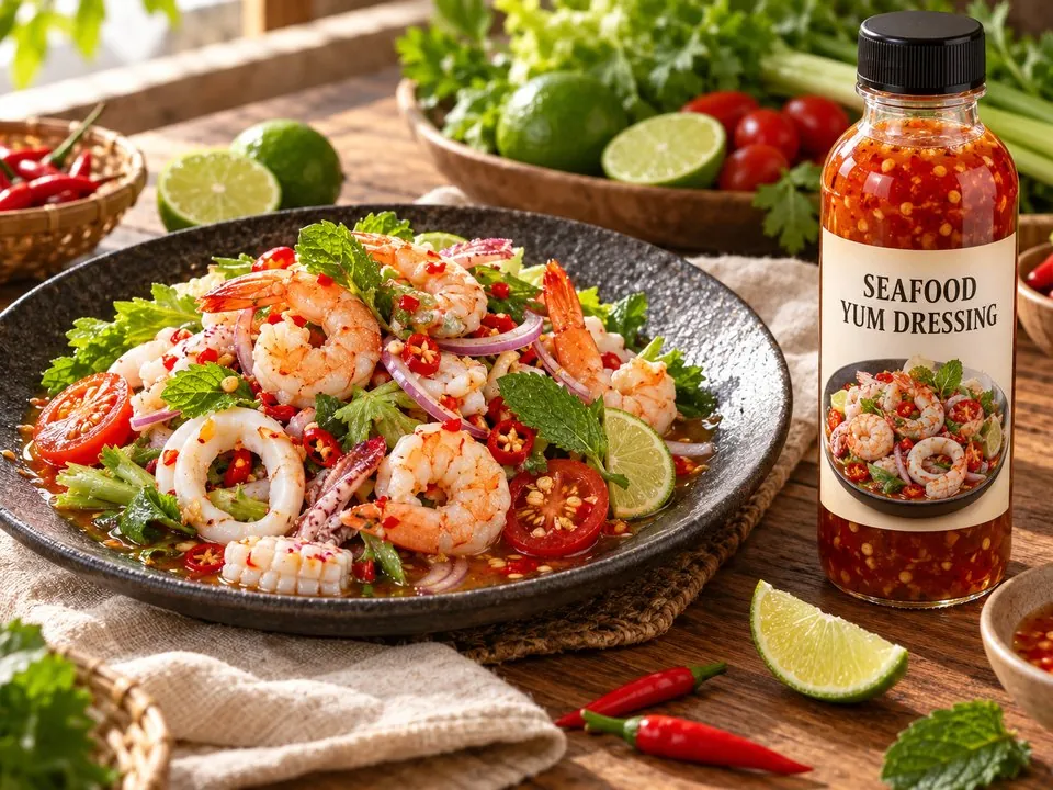 Shrimp and squid yum salad with yum dressing, beside a seafood yum dressing bottle
