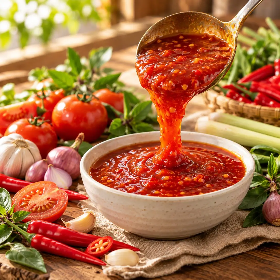 Thick chili sauce pouring from a ladle into a bowl, surrounded by chilies, tomatoes, garlic and fresh herbs