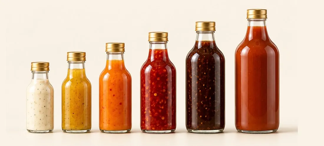 Clear glass bottles with gold caps holding sauces, in several sizes