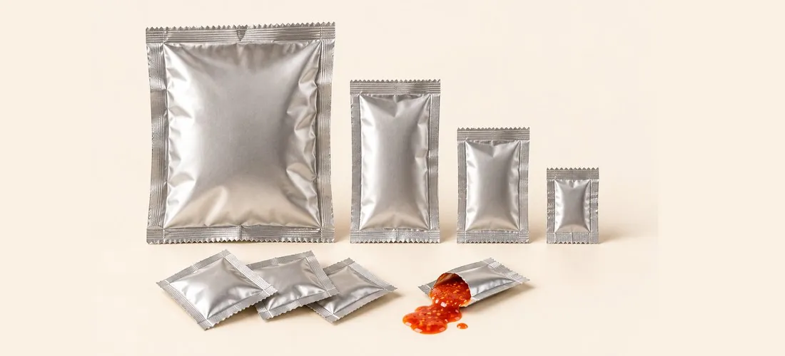 Single-serve foil sauce sachets in several sizes