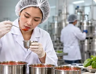 A recipe developer tasting sauce in the lab