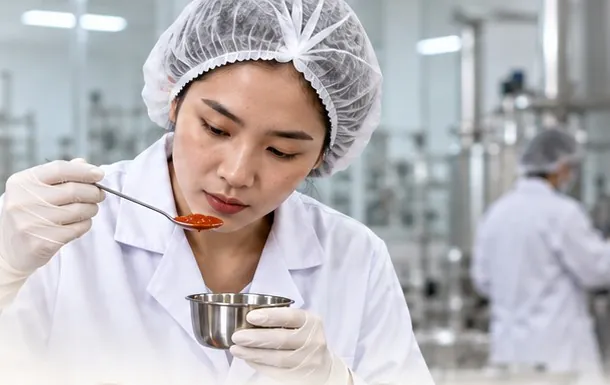 A recipe developer tasting a sauce sample