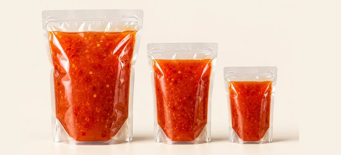 Clear stand-up nylon pouches of sauce in 3 sizes